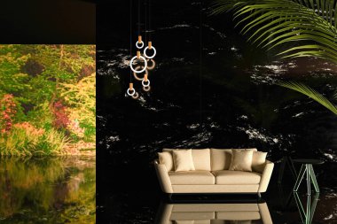 Küçük lüks oturma odası, parlak siyah mermer fayanslar ve arka planda bahçeli bej bir kanepe. İç mekan ve dekor. 3d hazırlayıcı.