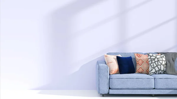 Light blue and soft purple tone single sofa against a light purple wall with light reflections and copy space. Home interior background for product display. Interior and decor. 3d rendering