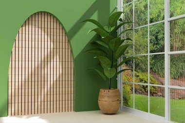 Limonlu yeşil tonlu arka plan, güneş ışığı ve kopyalama alanı olan dalgalı kemerli kapı çerçevesi. Organik ve ekolojik ürünlerin gösterimi için ev içi arka plan. Tasarım ve iç dekorasyon. 3d oluşturma