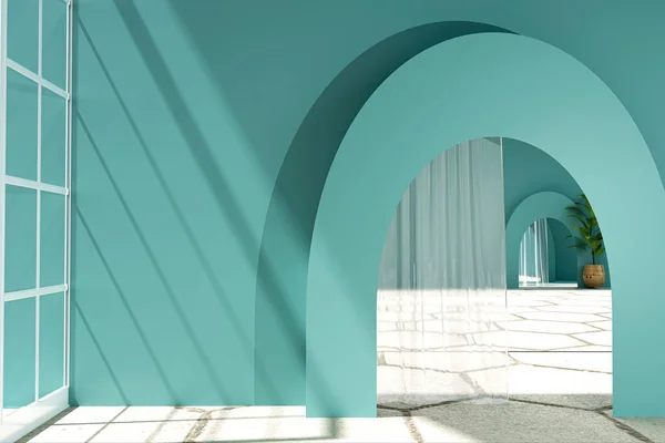 Wavy arch door frame interior with teal tone wall, sheer curtains, geometric design concrete floor, sunlight and copy space. Interior design and interior decor. 3d rendering.