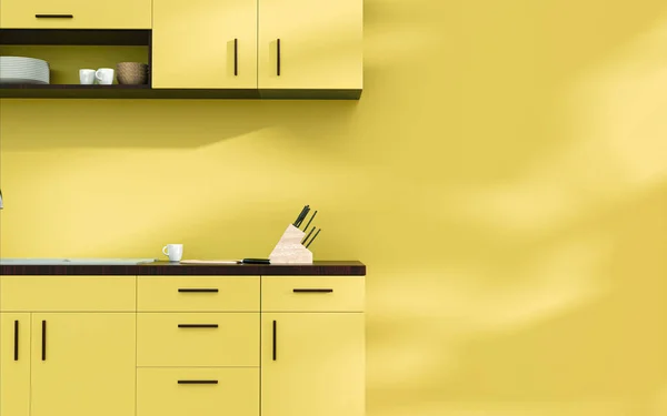 Chartreuse Amarillo Moderno Interior Cocina Con Madera Caoba Luz Solar — Foto de Stock