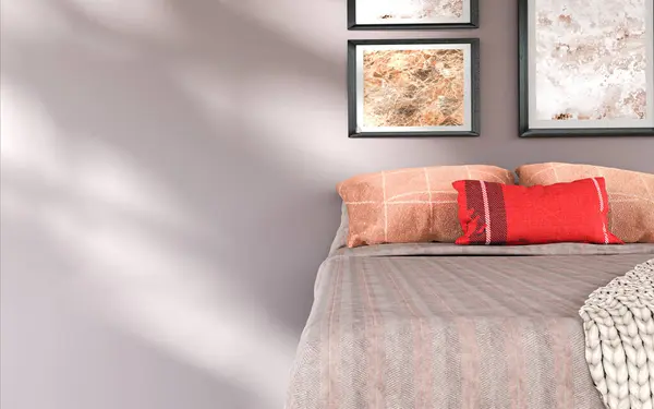 Bedroom interior with bed and wall in pinkish gray and pale gray tone with pink undertones, sunlight and copy space. Background for exhibition of household products. Interiors and Decor. 3D render.