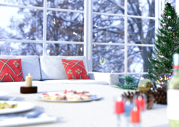 Dining table for the Christmas party in the defocused forefront with a living room background with glass of white wine, Christmas tree and a view to the snowy landscape. Christmas holidays. 3D Render.