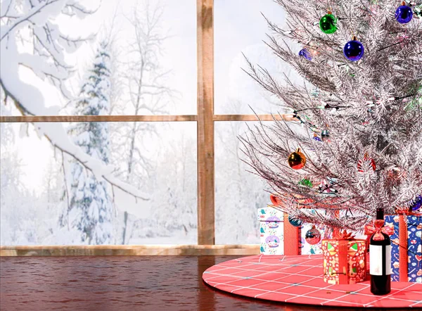 Noel ağacının beyaz dalları ve noel hediyeleri. Pencerenin yanında. Fotokopi alanı olan karlı manzaralı bir yer. Noel partileri. 3B Hazırlama.