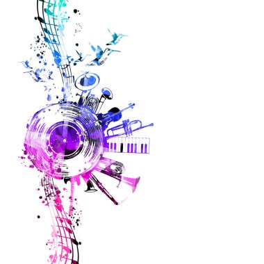 Müzik aletleri, notalar ve mor tonlarda izole edilmiş LP müzik CD 'si olan bir poster. Vektör çizimi. Canlı konserler, müzik festivalleri ve gösteriler için oyuncu bir arka plan. Parti broşürü