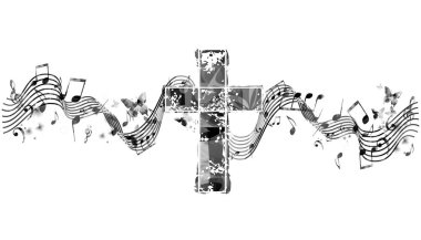 Hristiyan haçı ve müzik notaları beyaza izole edilmiş. Vektör çizimi. Din temalı Hıristiyanlık, kilise ayini, komünyon ve kutlamalar için tasarım. Kilise korosu geçmişi