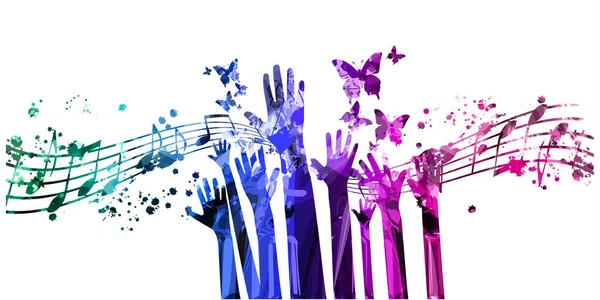 音楽ノートスタッフと紫色の色合いの手で音楽的背景 ベクターイラストデザイン 音楽祭やショーポスター ライブコンサートイベント パーティーフライヤー 音楽ノートの記号や記号 — ストックベクタ