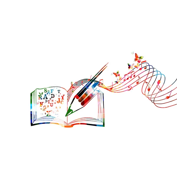 音楽ステージとノートが隔離されたカラフルな音楽ライティングノート 活気のある音楽スタッフのノートブック ソングライター ミュージシャンや作曲家のためのガイド 楽器奏者のためのレッスンとコツ — ストックベクタ
