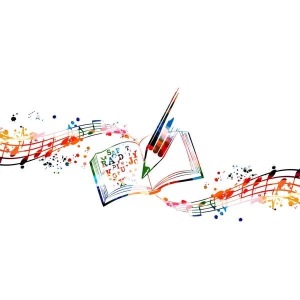 音楽ステージとノートが隔離されたカラフルな音楽ライティングノート 活気のある音楽スタッフのノートブック ソングライター ミュージシャンや作曲家のためのガイド 楽器奏者のためのレッスンとコツ — ストックベクタ