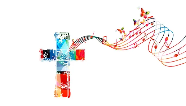 五彩缤纷的充满活力的基督教十字架与音乐音符隔离在一起 矢量图解 宗教主题为基督教 教会服务 交流和庆祝活动 教会唱诗班背景 — 图库矢量图片