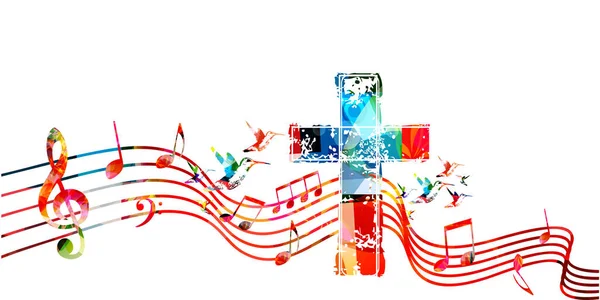 Colorida Cruz Cristiana Vibrante Con Notas Musicales Pentagramas Aislados Ilustración — Vector de stock