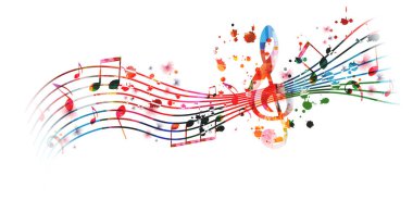 Canlı müzik arkaplanı, renkli notalar ve G-anahtarı izole edilmiş. Vektör çizimi. Sanatsal müzik festivali poster tasarımı, canlı konser etkinlikleri, parti broşürü, notalar ve semboller.