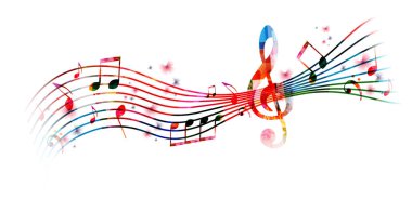 Canlı müzik arkaplanı, renkli notalar ve G-anahtarı izole edilmiş. Vektör çizimi. Sanatsal müzik festivali poster tasarımı, canlı konser etkinlikleri, parti broşürü, notalar ve semboller.