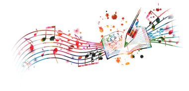 Renkli müzik notaları, müzik kütükleri ve izole notaları olan bir defter. Canlı müzikal personel defteri, söz yazarları, müzisyenler ve besteciler için rehber. Enstrümancılar için ders ve ipuçları. Vektör