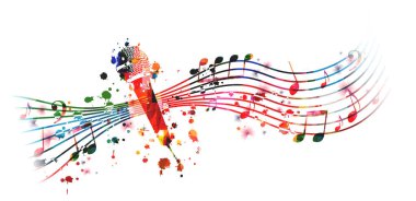 Mikrofon ve müzik notaları olan renkli bir poster. Vektör çizimi. Canlı konser etkinlikleri, müzik festivalleri ve arka plan gösterimi, müzik notaları ve mikrofonlu karaoke parti broşürü