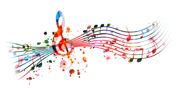 Vibrant music background with colorful musical notes and G-clef isolated. Vector illustration. Artistic music festival poster design, live concert events, party flyer, music notes signs and symbols