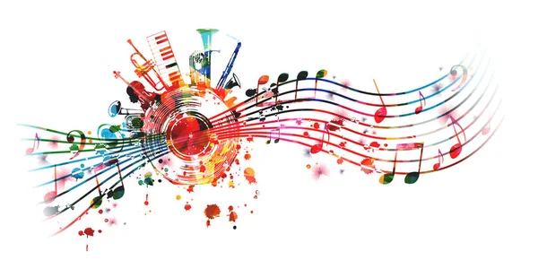 Cartel Promocional Musical Colorido Con Instrumentos Musicales Notas Ilustración Vectorial — Vector de stock