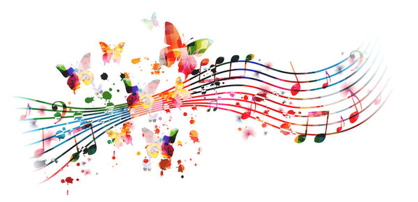 Vibrant music background with colorful musical notes and butterflies isolated. Vector illustration. Artistic music festival poster, live concert events, party flyer, music notes signs and symbols