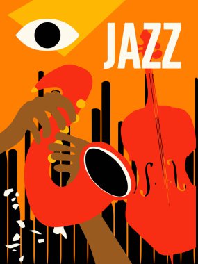 Renkli müzik aletleri. Vektör çizimi. Canlı konserler için enstrüman koleksiyonu posteri. Caz müzik festivalleri ve afişler. Performans, parti broşürü