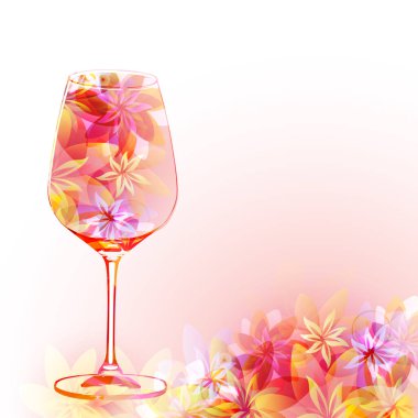 Elegant wine glass  with flowers. Floral aroma wine. Colorful stemware with alcoholic beverage for celebrations and special occasions. Degustation events. 