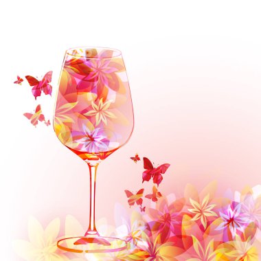Elegant wine glass  with flowers. Floral aroma wine. Colorful stemware with alcoholic beverage for celebrations and special occasions. Degustation events. 