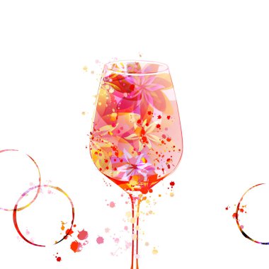 Elegant wine glass  with flowers. Floral aroma wine. Colorful stemware with alcoholic beverage for celebrations and special occasions. Degustation events. 