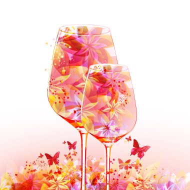Elegant wine glasses  with flowers and notes. Floral aroma wine. Colorful stemware with alcoholic beverage for celebrations and special occasions. Degustation events. 