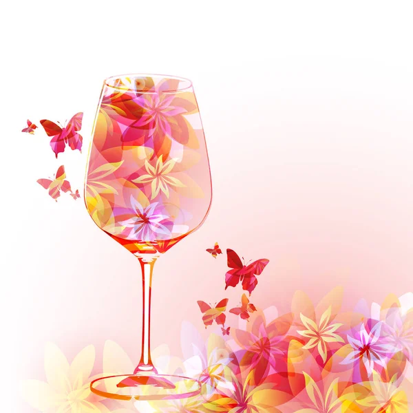 Elegant Wine Glass Flowers Floral Aroma Wine Colorful Stemware Alcoholic — Stok Vektör