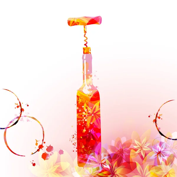 Elegant Wine Bottle Flowers Corkscrew Floral Aroma Wine Colorful Stemware — Stok Vektör