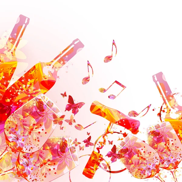 Elegant Wine Glasses Corkscrew Bottles Flowers Floral Aroma Wine Colorful — Stock Vector