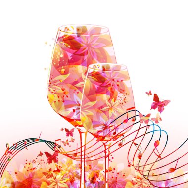 Elegant wine glass with flowers. Floral aroma wine in goblet with musical notes. Colorful stemware with alcoholic beverage for celebrations and special occasions. Degustation events.