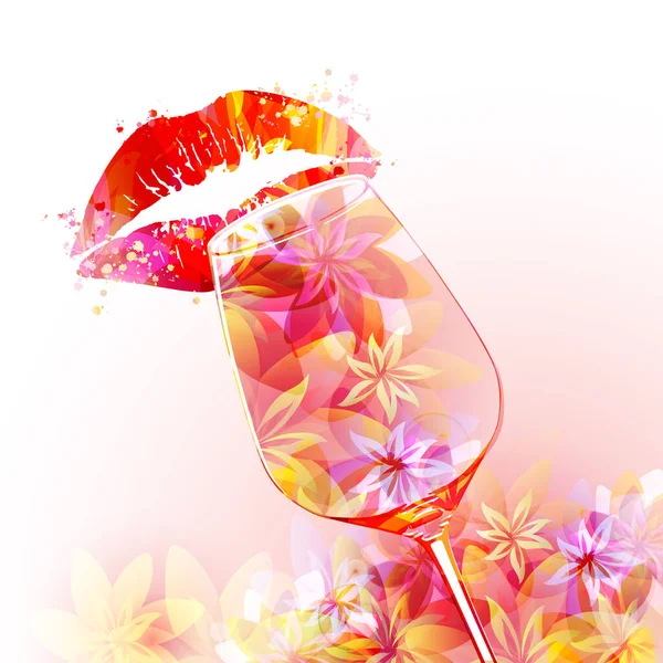 Watercolor Lips Glass Flowers Vector Illustration — 图库矢量图片