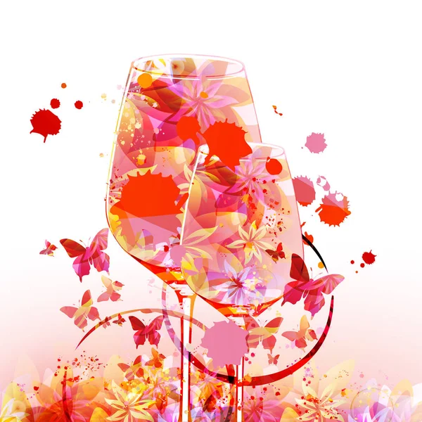Elegant Wine Glasses Flowers Floral Aroma Wine Goblet Colorful Stemware — Stockvector