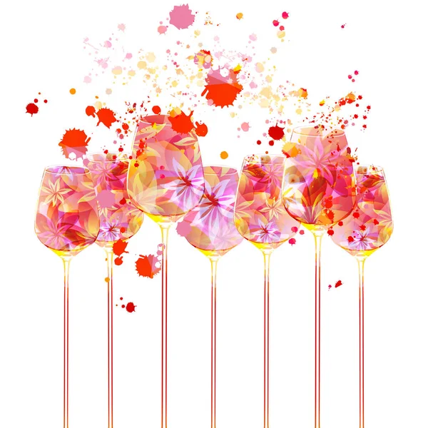 Elegant Wine Glasses Flowers Floral Aroma Wine Goblet Colorful Stemware — Vetor de Stock