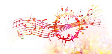 İsa 'nın Dikenli Tacı, müzik notalarıyla kırmızı renkte. Dikenli bir çelengin vektör çizimi. Fedakarlık ve dayanıklılık kavramı. Hıristiyanlık ve kilise hizmeti için din temalı tasarım