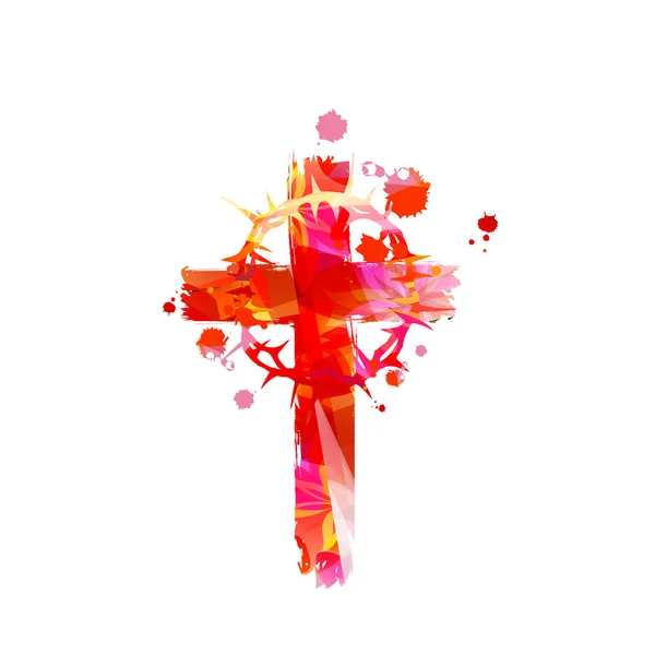 Християнський Хрест Короною Колючок Червоному Кольорі Ізольований Векторний Малюнок Релігія — стоковий вектор