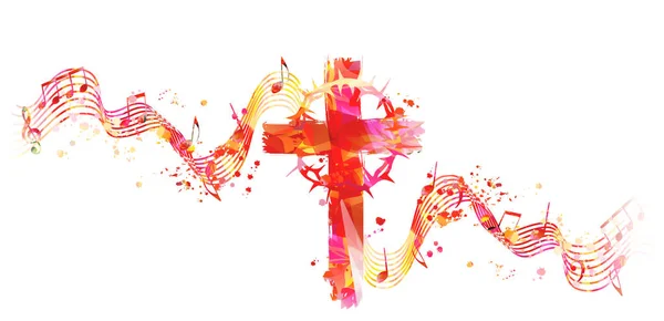 Cruz Cristiana Con Corona Espinas Notas Musicales Pentagramas Aislados Ilustración — Vector de stock