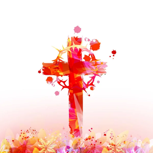 Cruz Cristiana Con Corona Espinas Color Rojo Ilustración Vectorial Aislada — Vector de stock