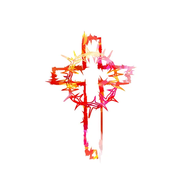 Christelijke Kruis Met Kroon Van Doornen Rode Kleur Geïsoleerde Vector — Stockvector