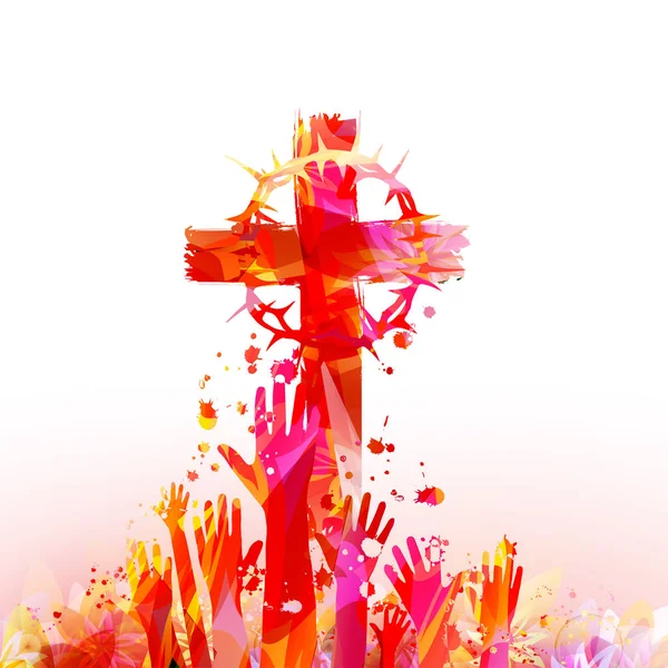 Cruz Cristiana Con Corona Espinas Manos Color Rojo Ilustración Vectorial — Vector de stock
