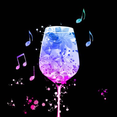 Elegant wine glass with flowers and musical notes. Floral aroma wine in goblet. Colorful stemware with alcoholic beverage for celebrations, special occasions and degustation events. Vector clipart