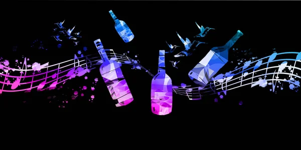 Барвисті Скляні Пляшки Музичними Нотами Векторні Ілюстрації Вечірній Флаєр Дегустація — стоковий вектор