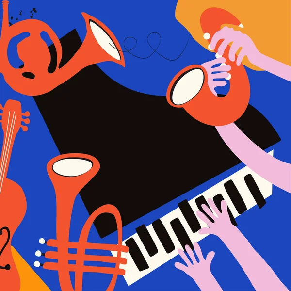 Manifesto Musica Jazz Performance Della Band Colorato Sfondo Strumenti Musicali — Vettoriale Stock