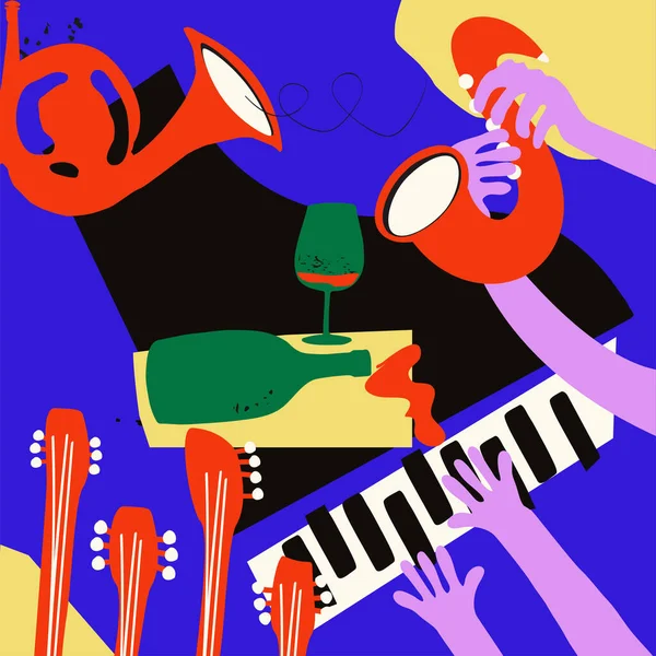 Плакат Джазової Музики Виконання Гурту Барвистий Фон Музичних Інструментів Живі — стоковий вектор