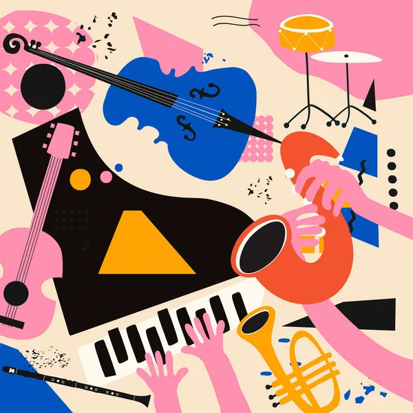 Плакат Джазовой Музыки Выступления Группы Цветные Музыкальные Инструменты Фон Живые — стоковый вектор