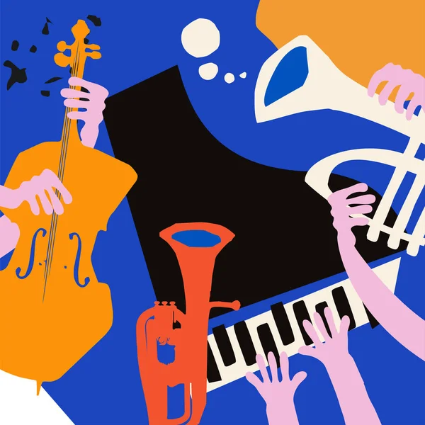 Jazz Muziek Poster Voor Band Optreden Kleurrijke Muziekinstrumenten Achtergrond Live — Stockvector