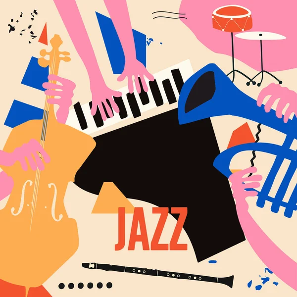 Cartel Música Jazz Para Actuación Banda Fondo Colorido Instrumentos Musicales — Archivo Imágenes Vectoriales