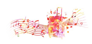 bavul ve müzik notaları izole vektör illüstrasyon arka planı.
