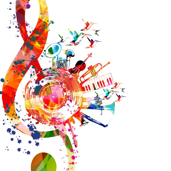 Музыкальный Плакат Скрипичным Ключом Музыкальными Нотами Музыкальными Инструментами Чайками Изолированные — стоковый вектор