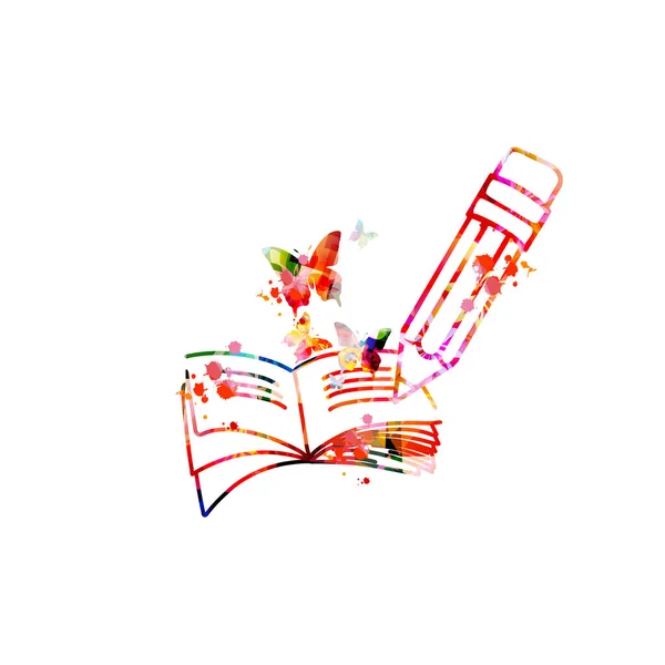 Livre Ouvert Avec Crayon Lettres Papillons Isolés Rédaction Livre Narration — Image vectorielle